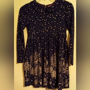 Girl's Mini Boden Navy Woodland gold foil long-sleeved dress sz 9-10 year 140cm.